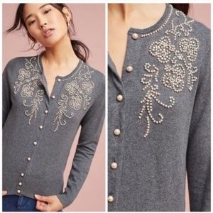 Anthropologie Field Flower Pearl Beaded Gray Cardigan Sweater Small